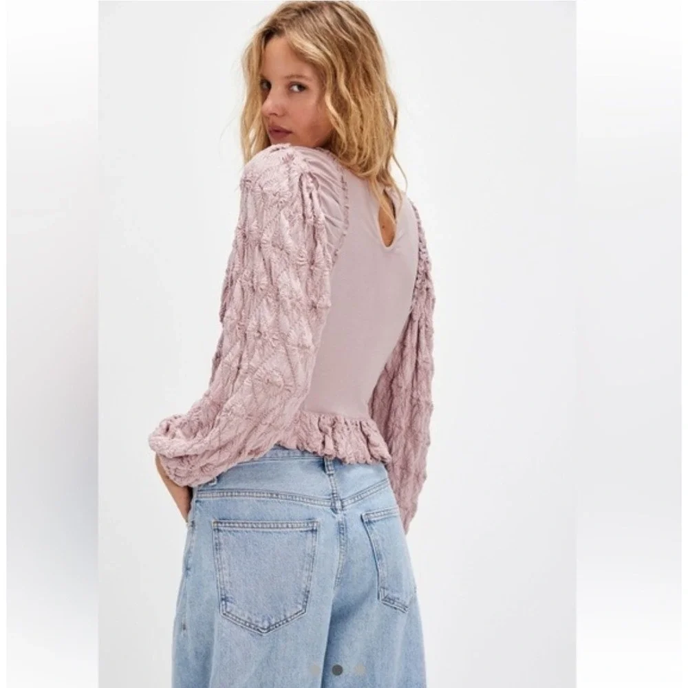 Free People Pink Olivia Top Ruffles Size S Puff Sleeve Boho Feminine Romantic